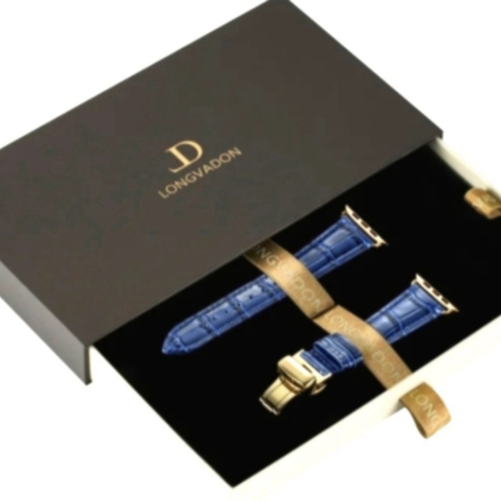 Longvadon Women Watchband Apple Series 1-9 Ultra 1, 2  Blue Embossed Leather